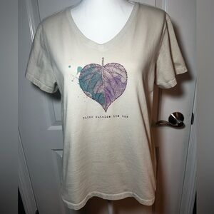 Life Is Good Cream with Purple Leaf Blue Paint Splatter Optimistic Crusher Tee L